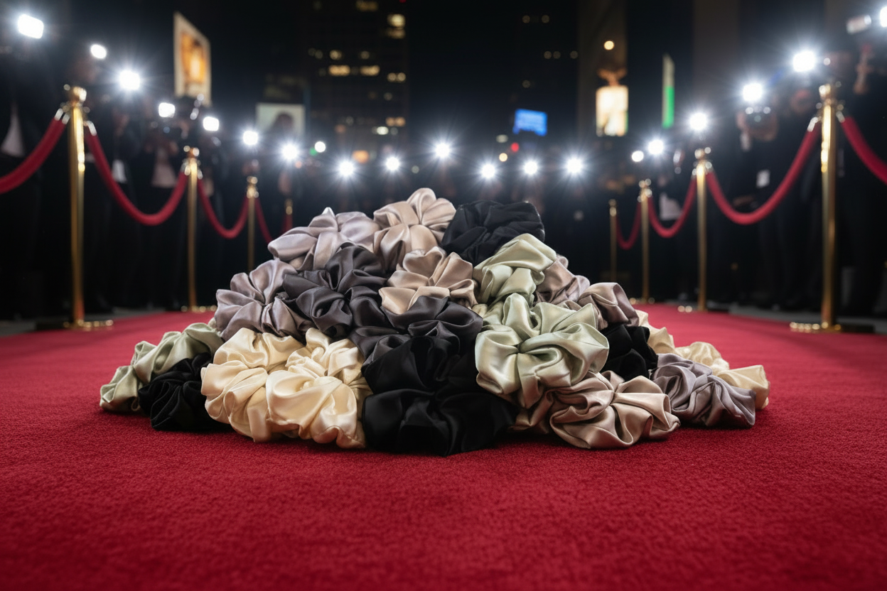 Silk scrunchies piled on a red carpet with paparazzi flashing cameras in the background