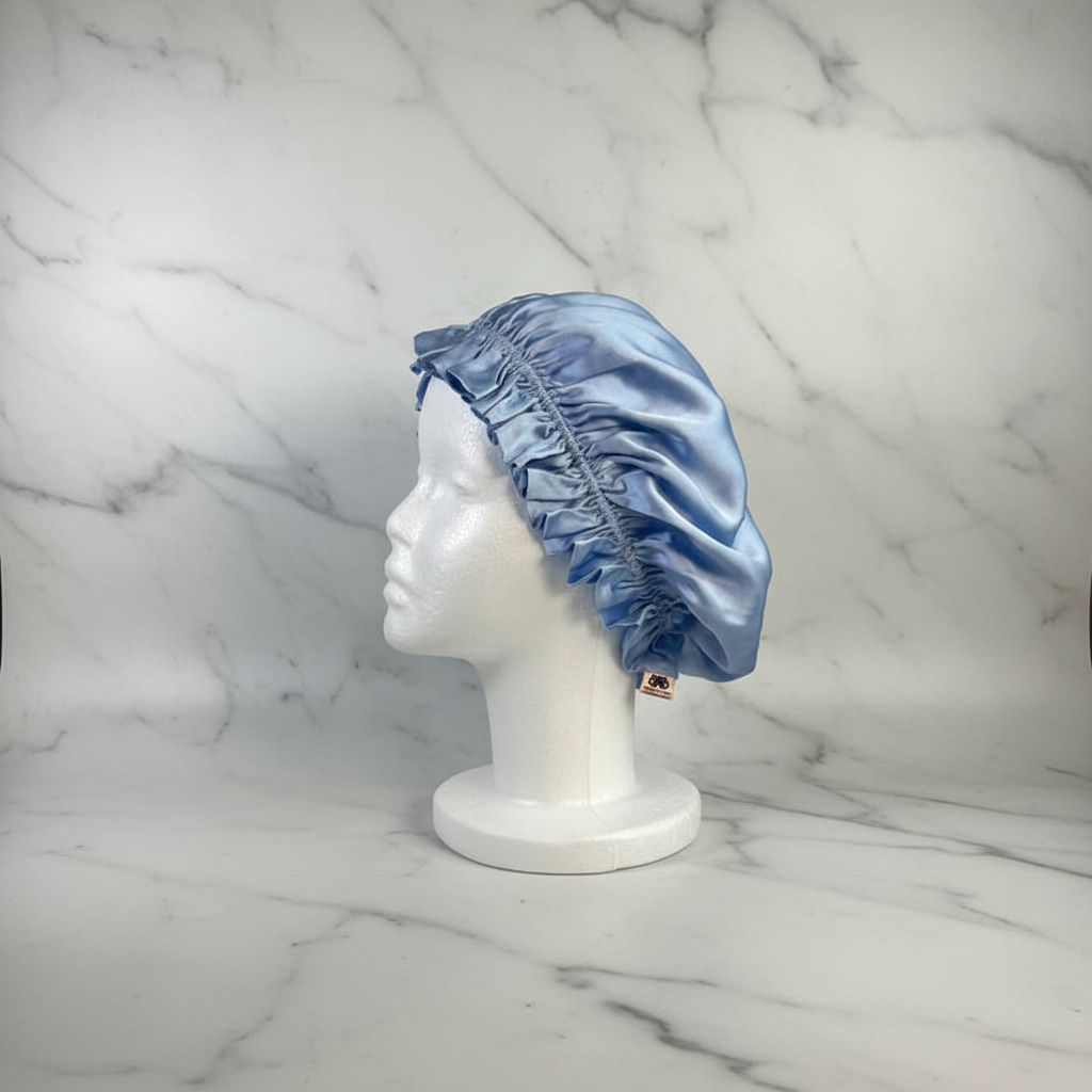 Baby Blue MJ Silk Bonnet - Marble Backdrop