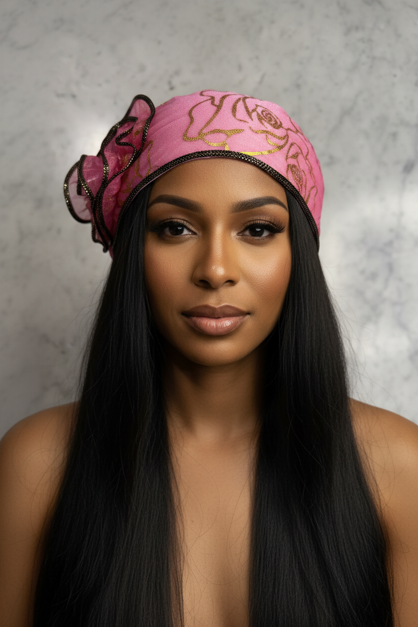 Beautiful model wearing pink gold bonnet