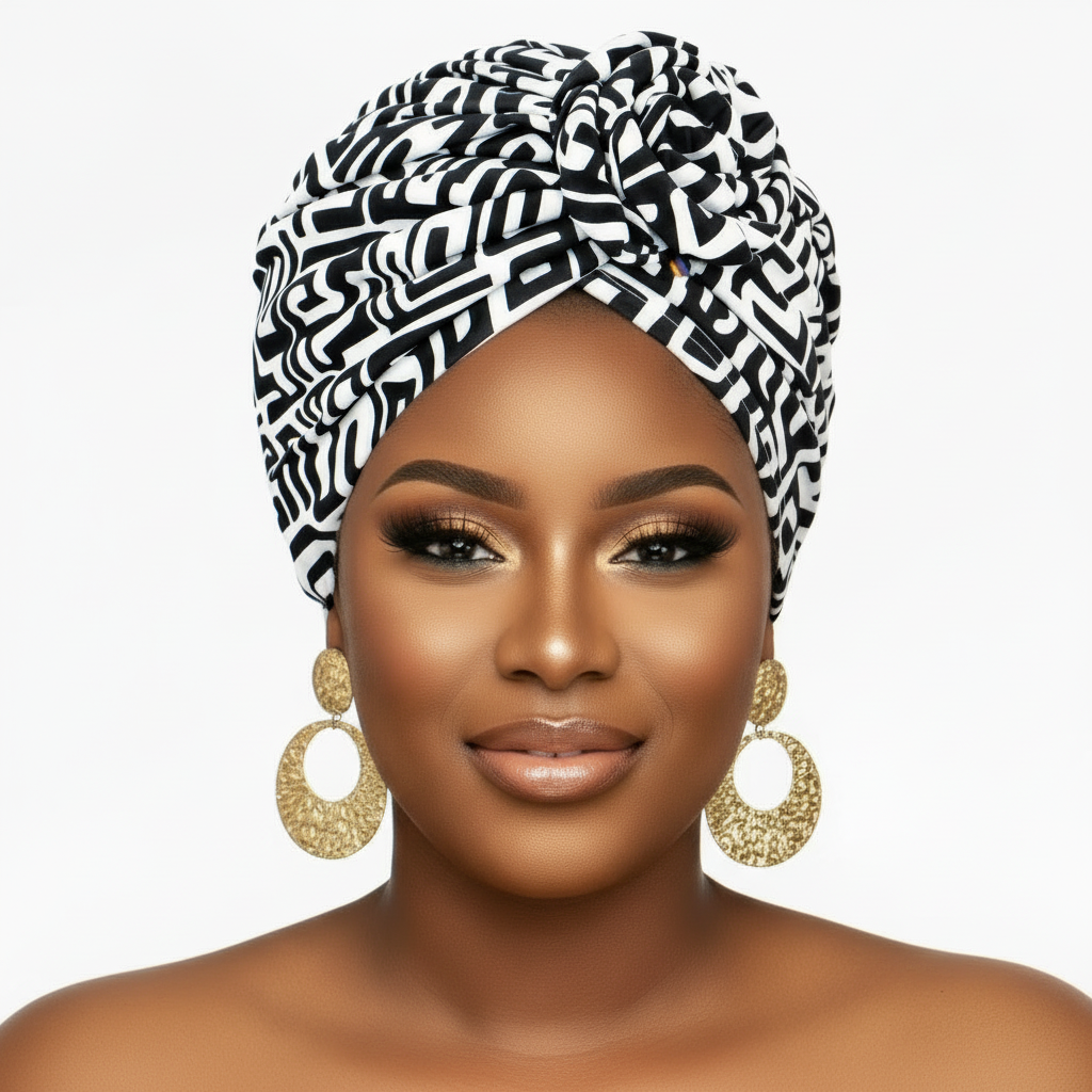 Black and white geometric headwrap with closed-mouth serene expression