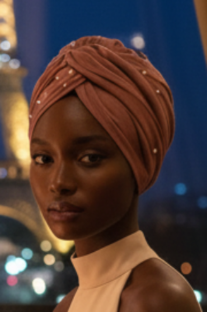 Brighter image of woman in dusty pink pearl headwrap at Paris restaurant