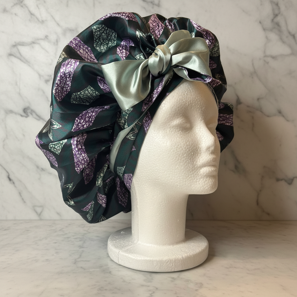 Dark Teal African Print Bonnet Side - Marble Background