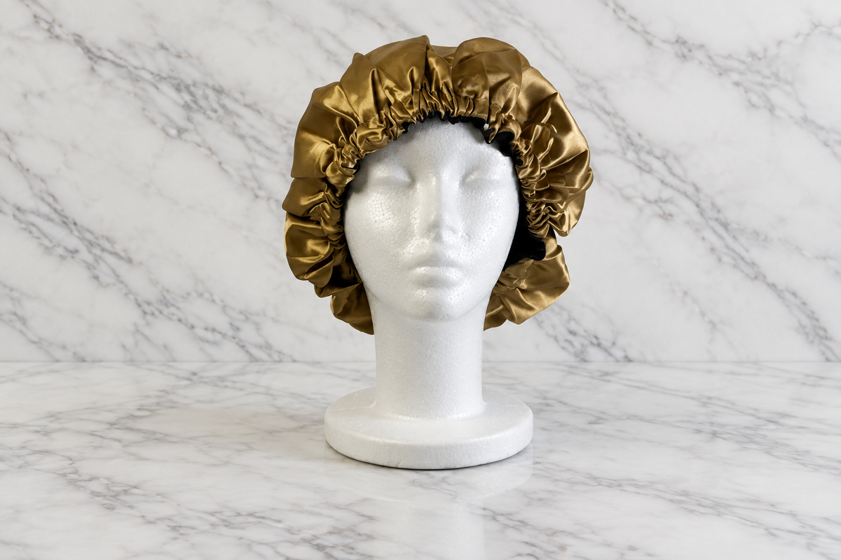 Gold and black bonnet on white marble