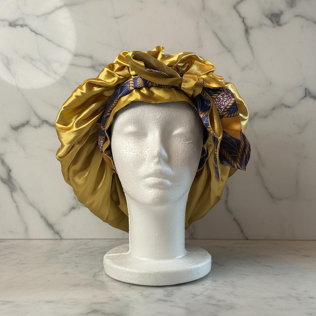 Gold Satin Bonnet Front View - Marble Background