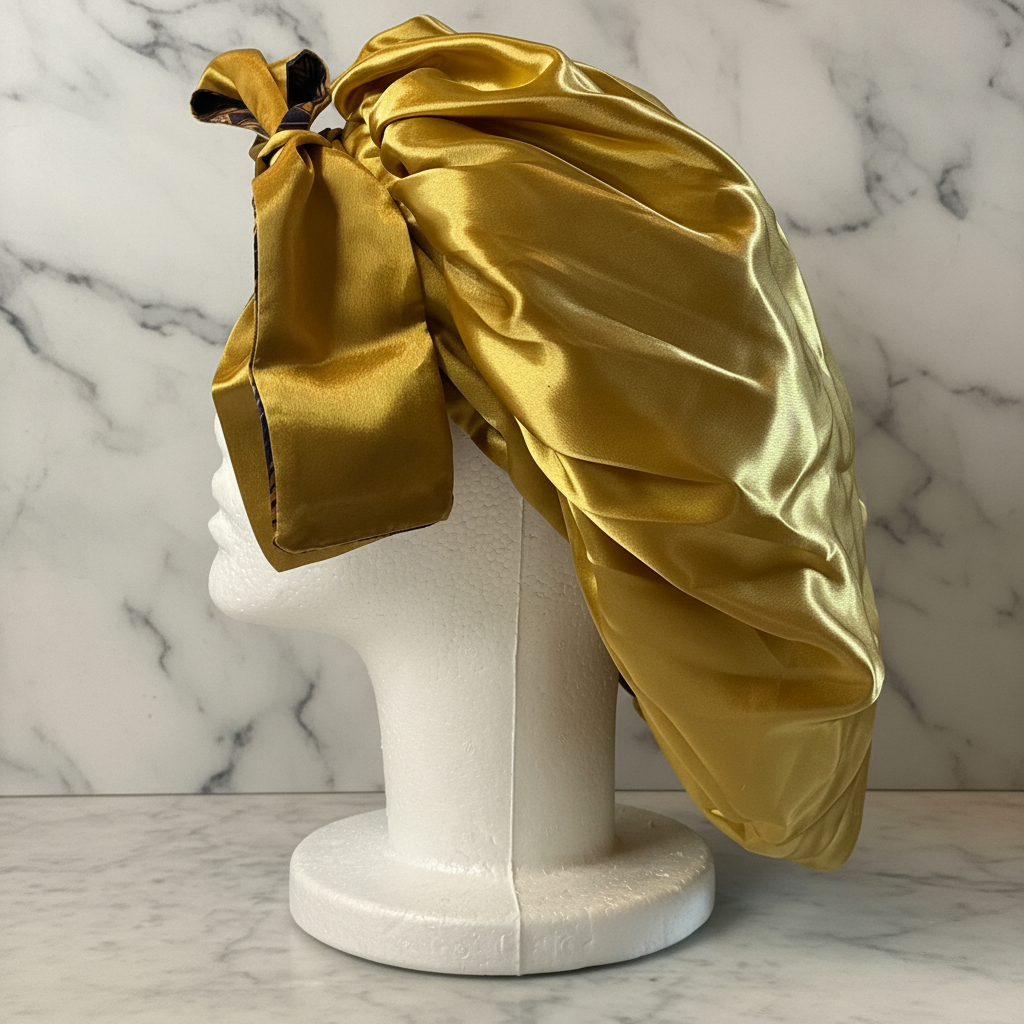 Gold Satin Bonnet Side Profile - Marble Background