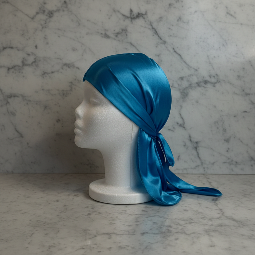 Bahroudine Blue satin boys du-rag side view on marble background