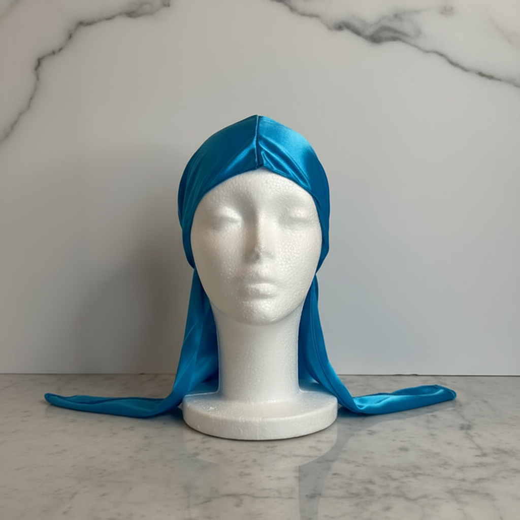Bahroudine Blue satin boys du-rag front view on marble background