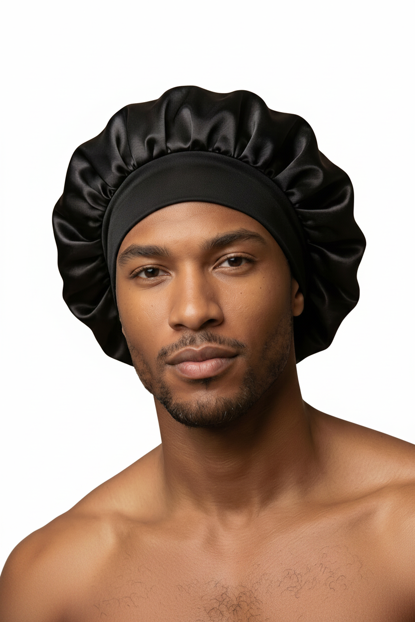 Male model wearing black satin Unisex Bonnet II no border
