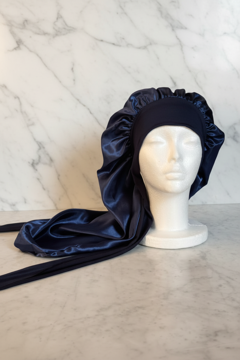 Long Satin Bonnet - Navy Front Marble Hero
