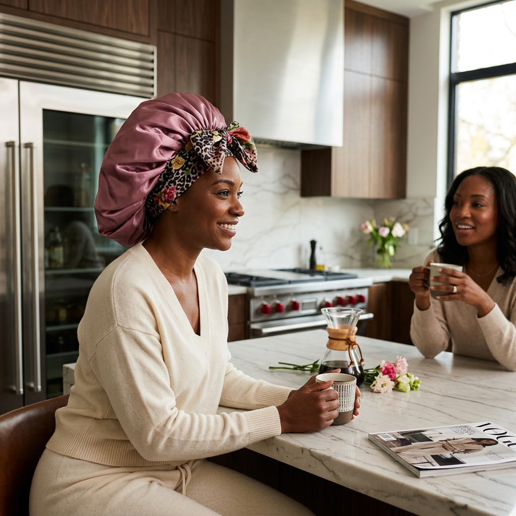 Model wearing the rose bow-tie bonnet while enjoying coffee with a friend in a modern luxury kitchen