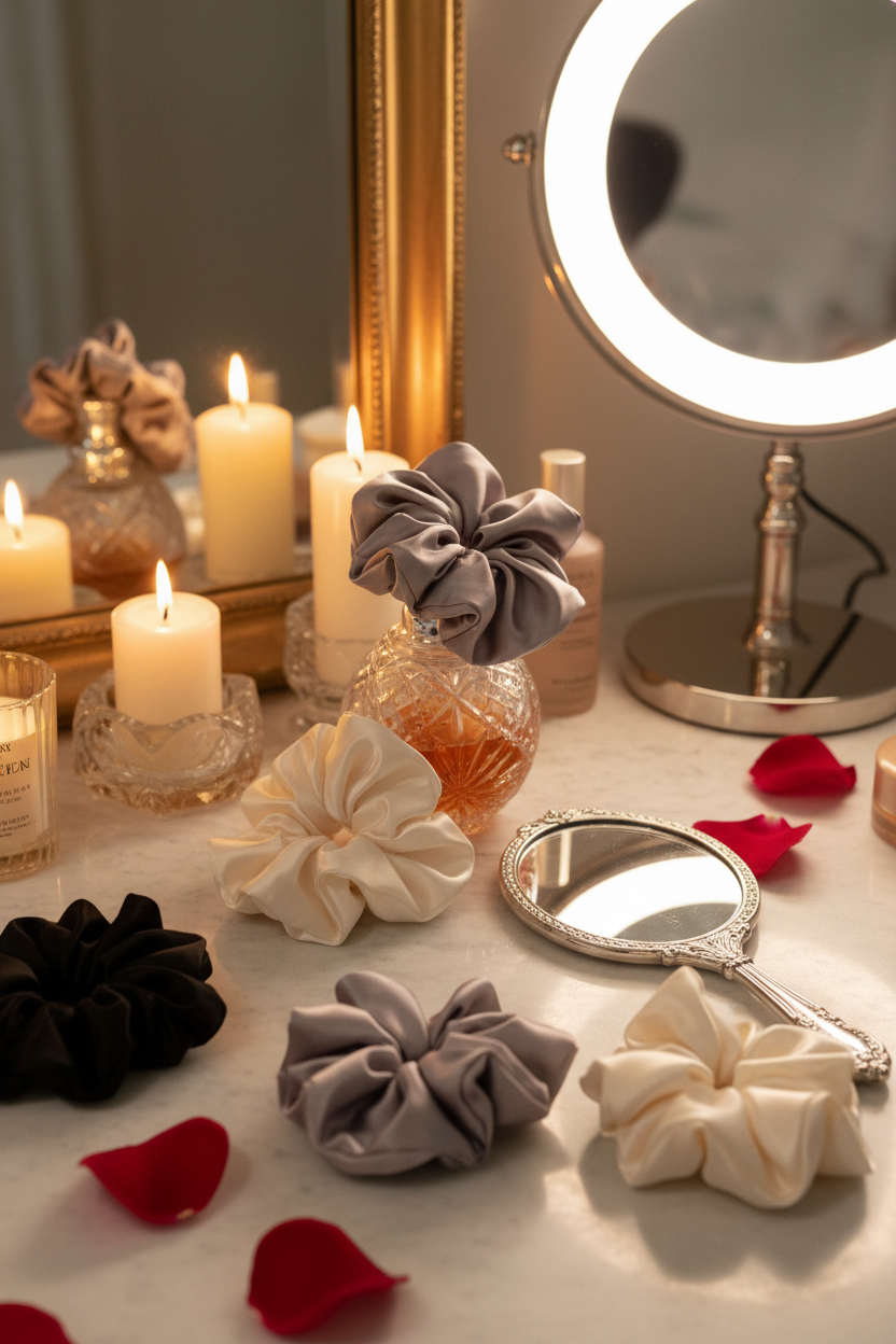 Morgan Silk Scrunchies on luxury vanity with candlelight