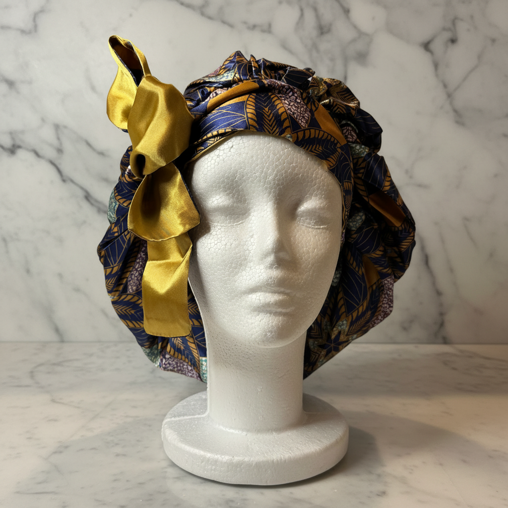 Navy African Print Bonnet Front - Marble Background