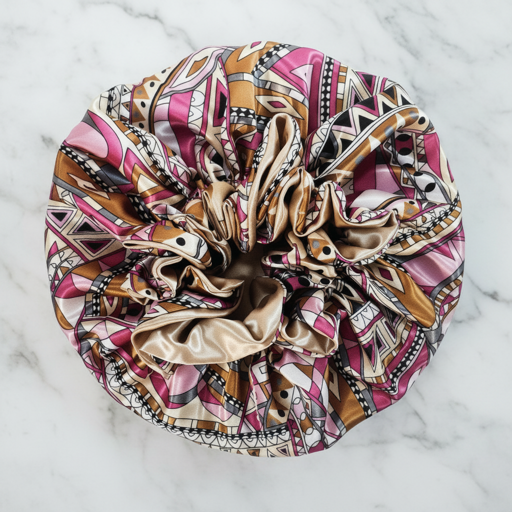 Pink Geometric Reversible Bonnet on Marble