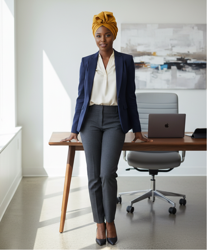 Professional woman in mustard yellow headwrap in office setting