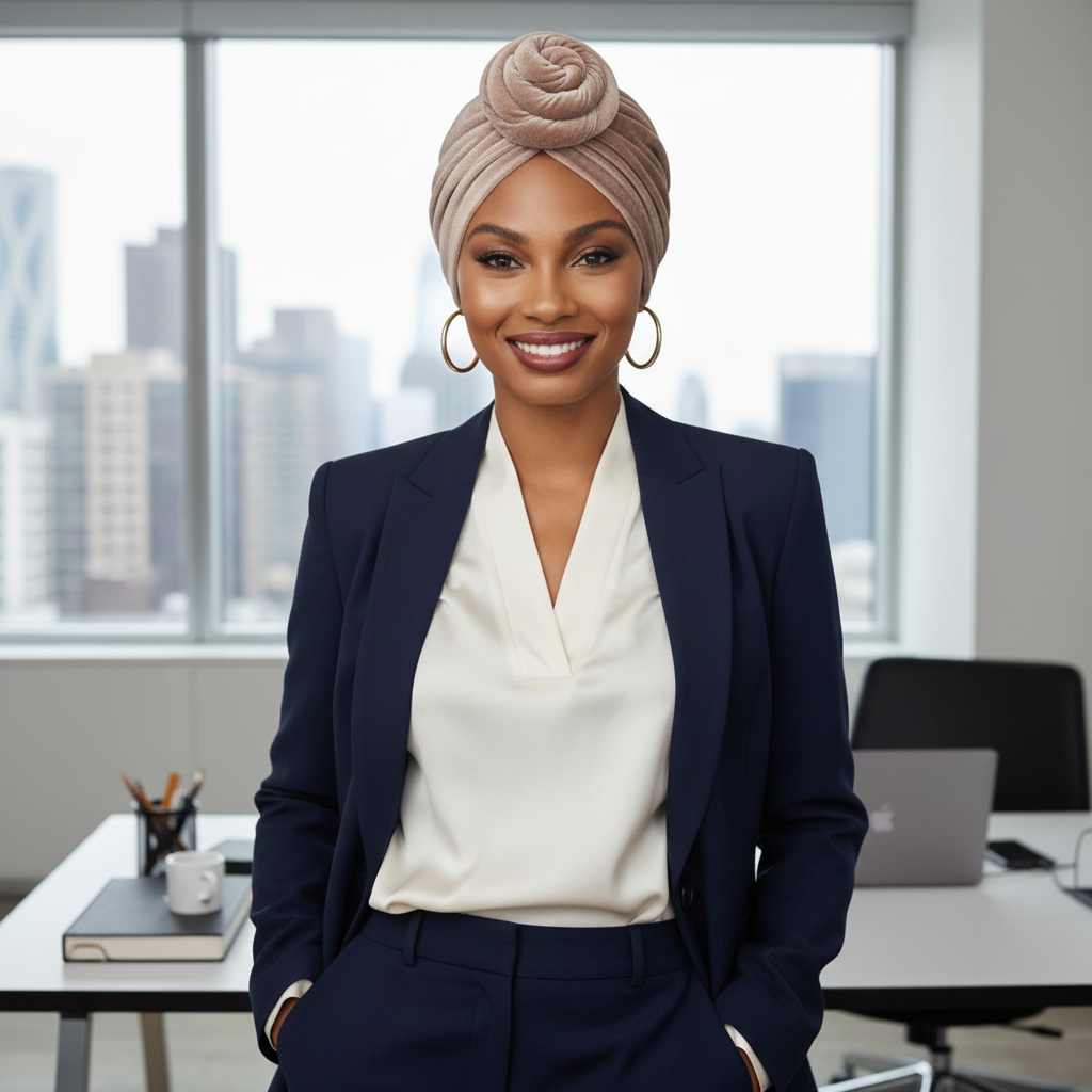 Professional woman in office wearing velvet headwrap