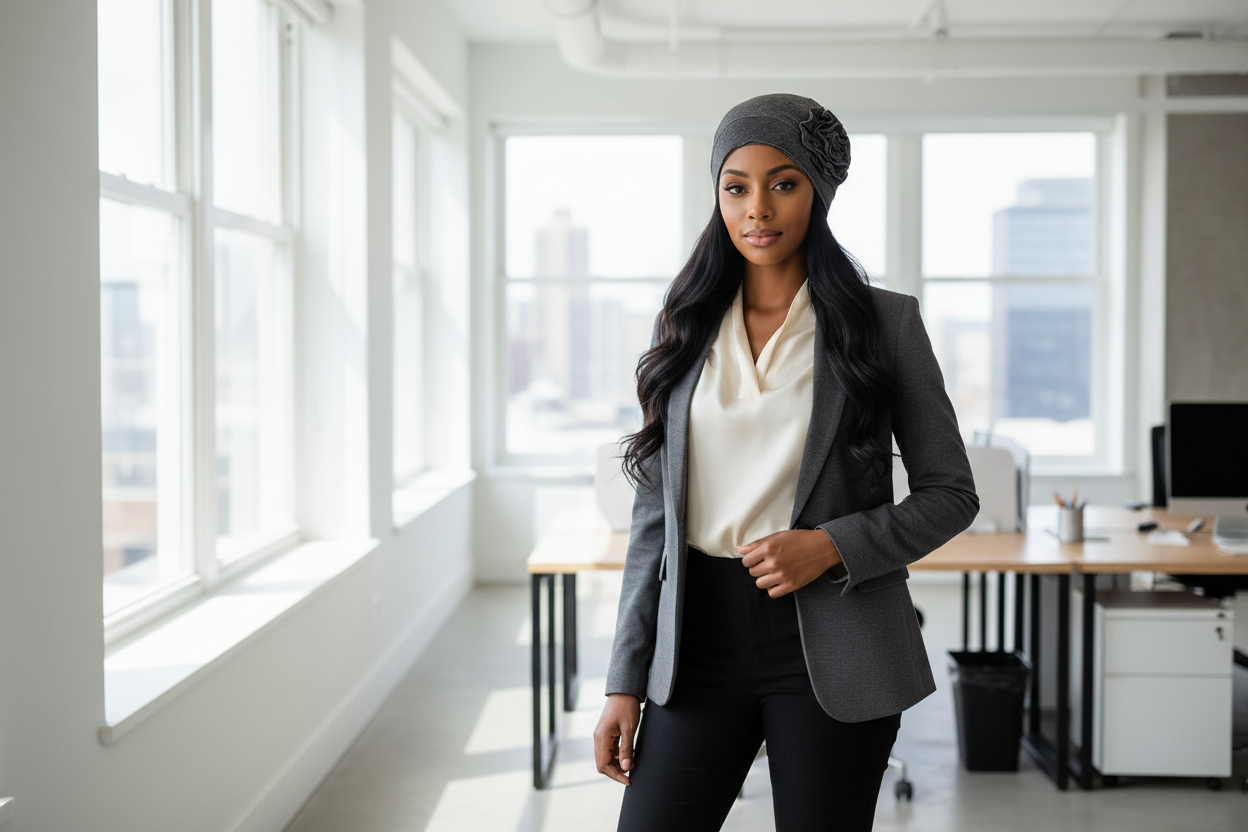 Professional woman with long hair wearing charcoal grey bloom headwrap