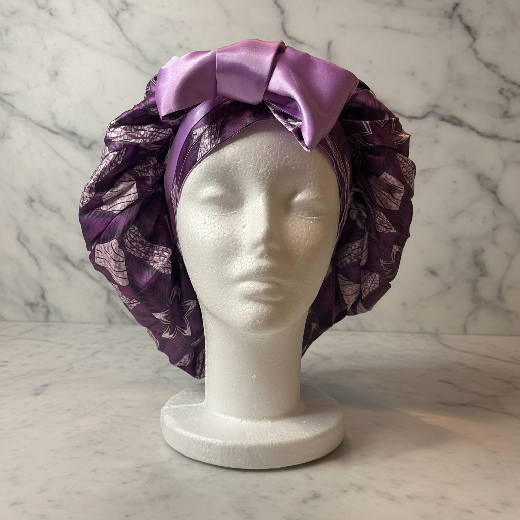 Purple African Print Bonnet Front - Marble Background