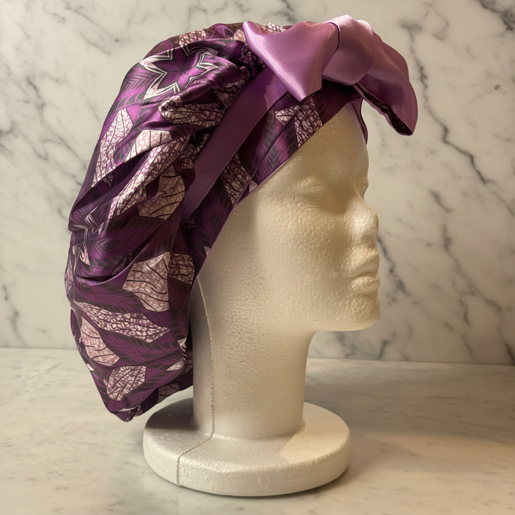 Purple African Print Bonnet Side - Marble Background