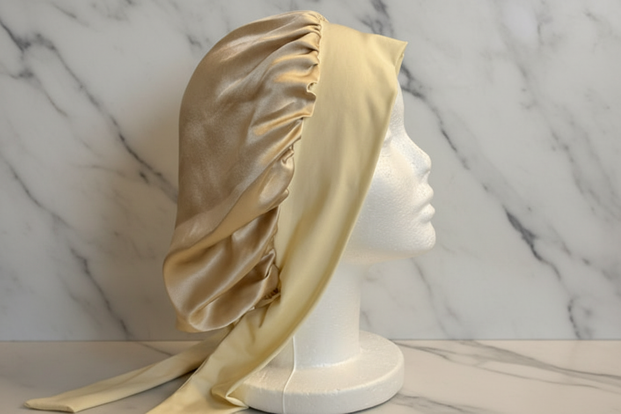Raven Ribbon Silk Bonnet - Champagne Side Profile