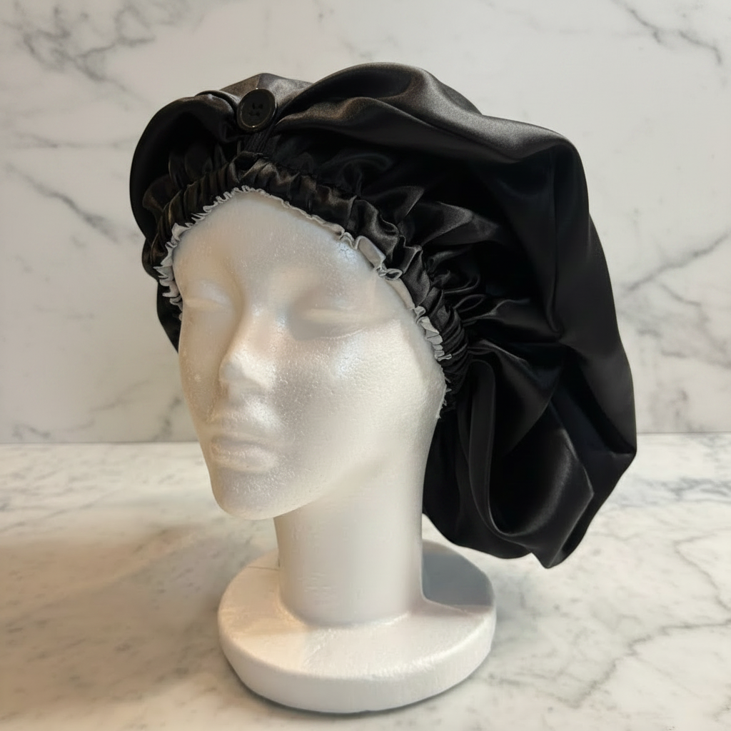 Sheena Long Silk Bonnet - Black Buttoned - Marble Background