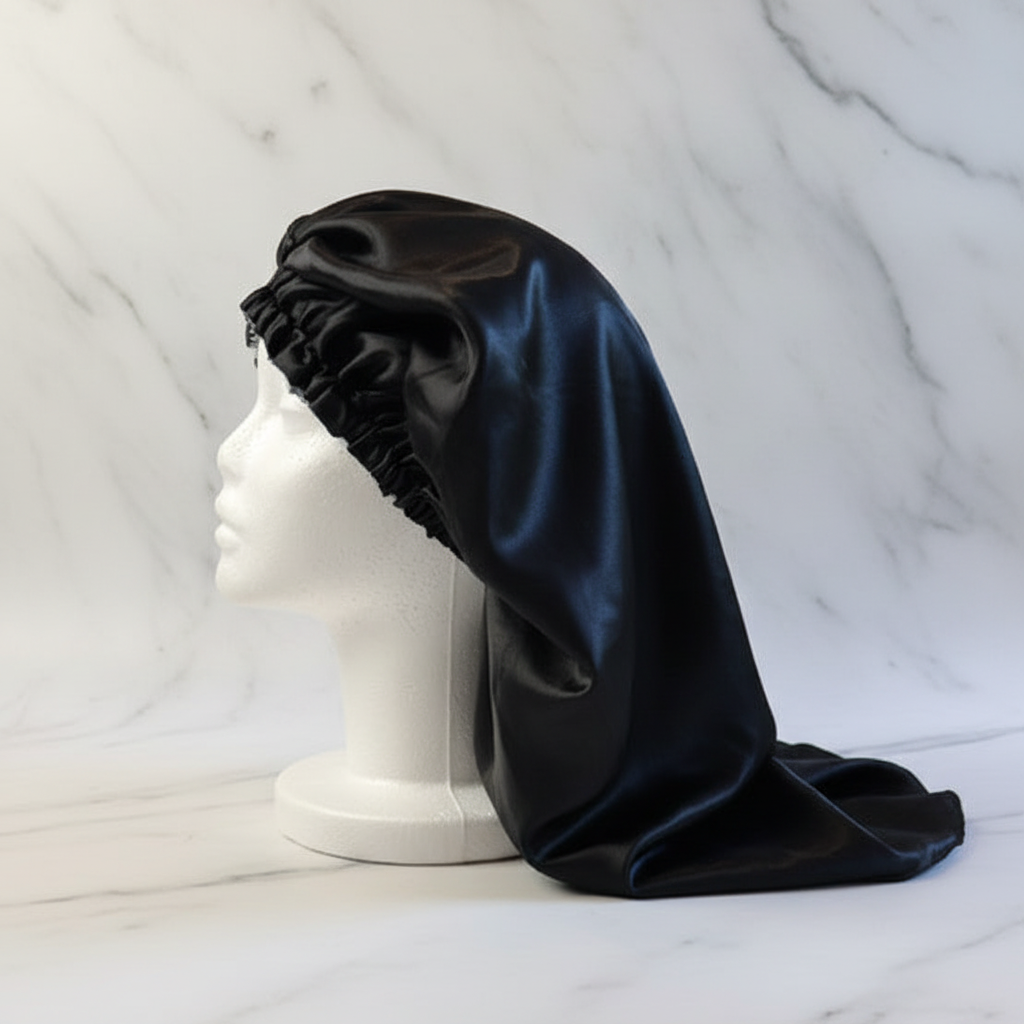 Sheena Long Silk Bonnet - Black Side Profile