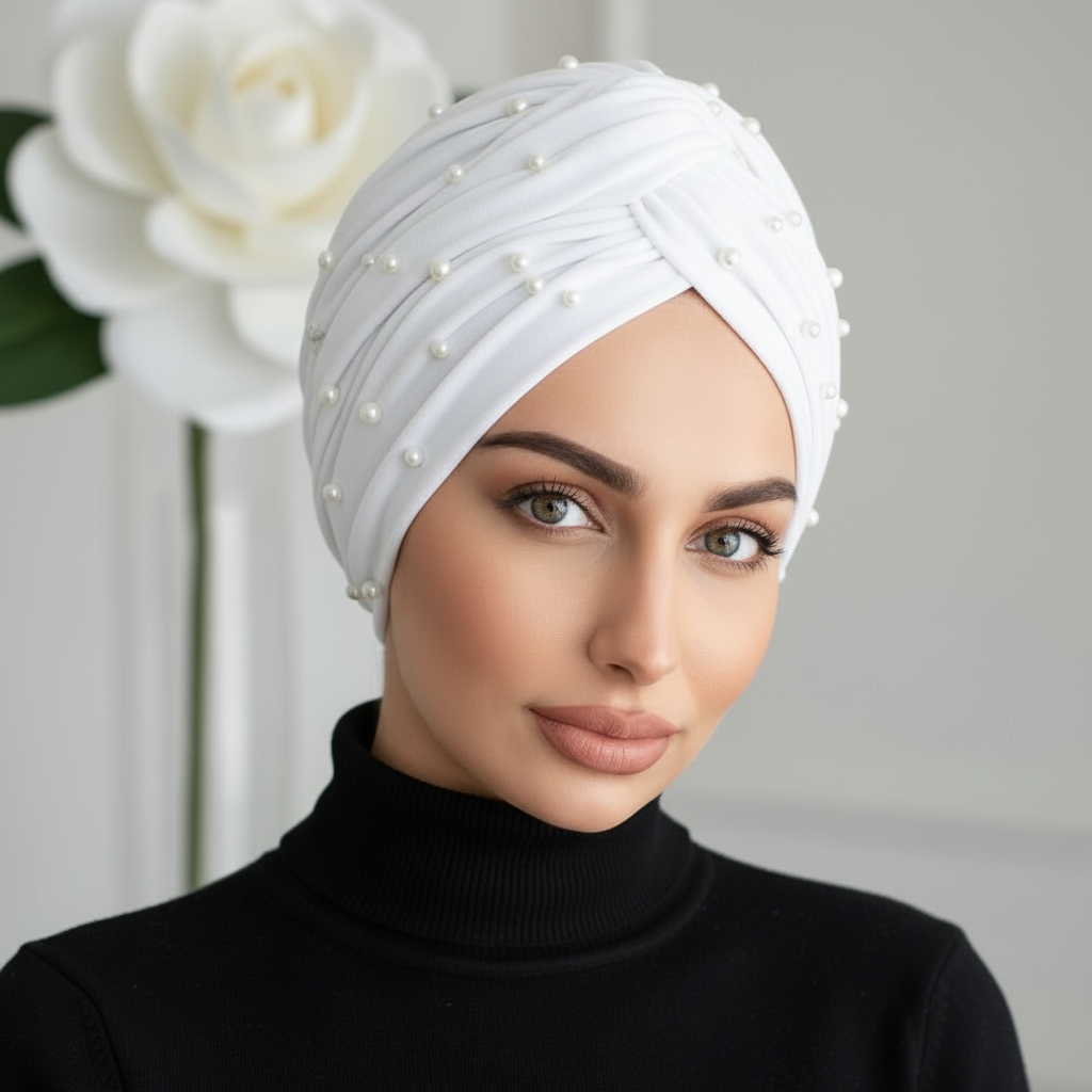 White Cotton Jersey Pearl Headwrap - Lifestyle