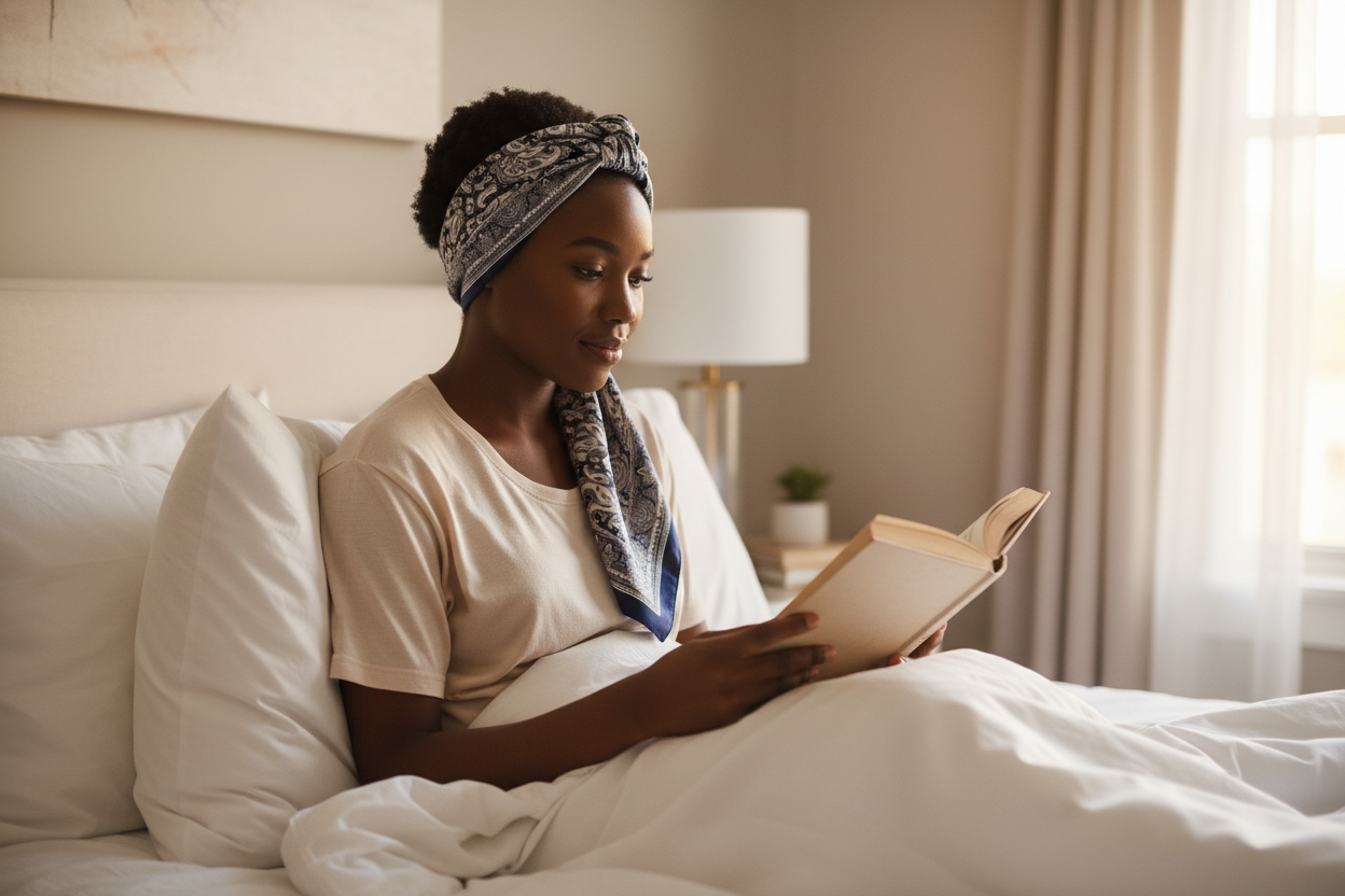 Woman reading in bed wearing navy paisley scarf headband