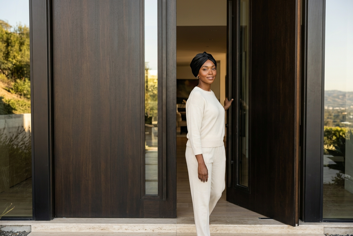 Woman wearing the Black Halo Silk Bonnet answering the double doors of a modern Los Angeles hills home