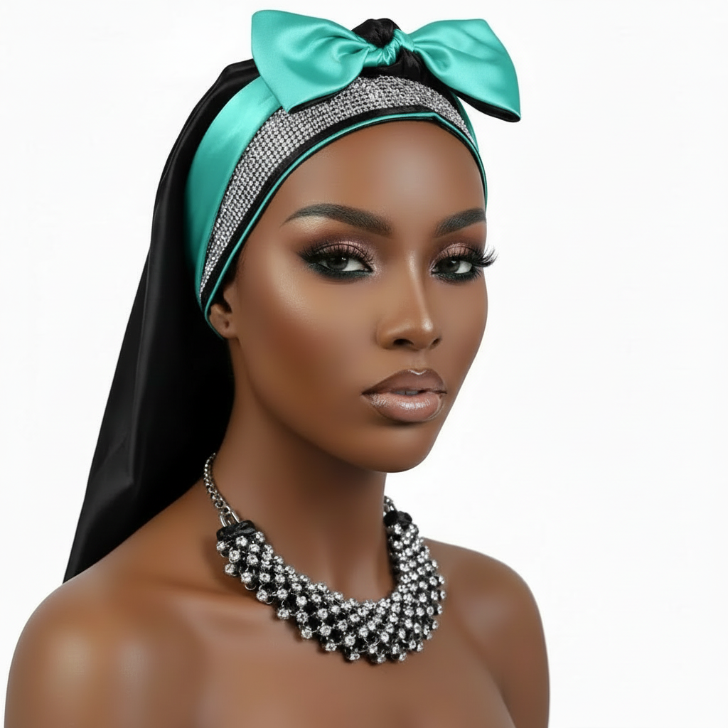 Black headwrap with turquoise bow on top