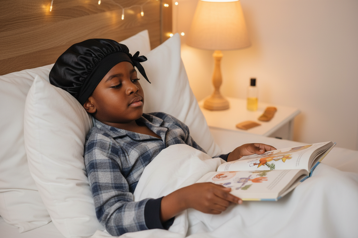 Boy in Pajamas Wearing Long Bonnet