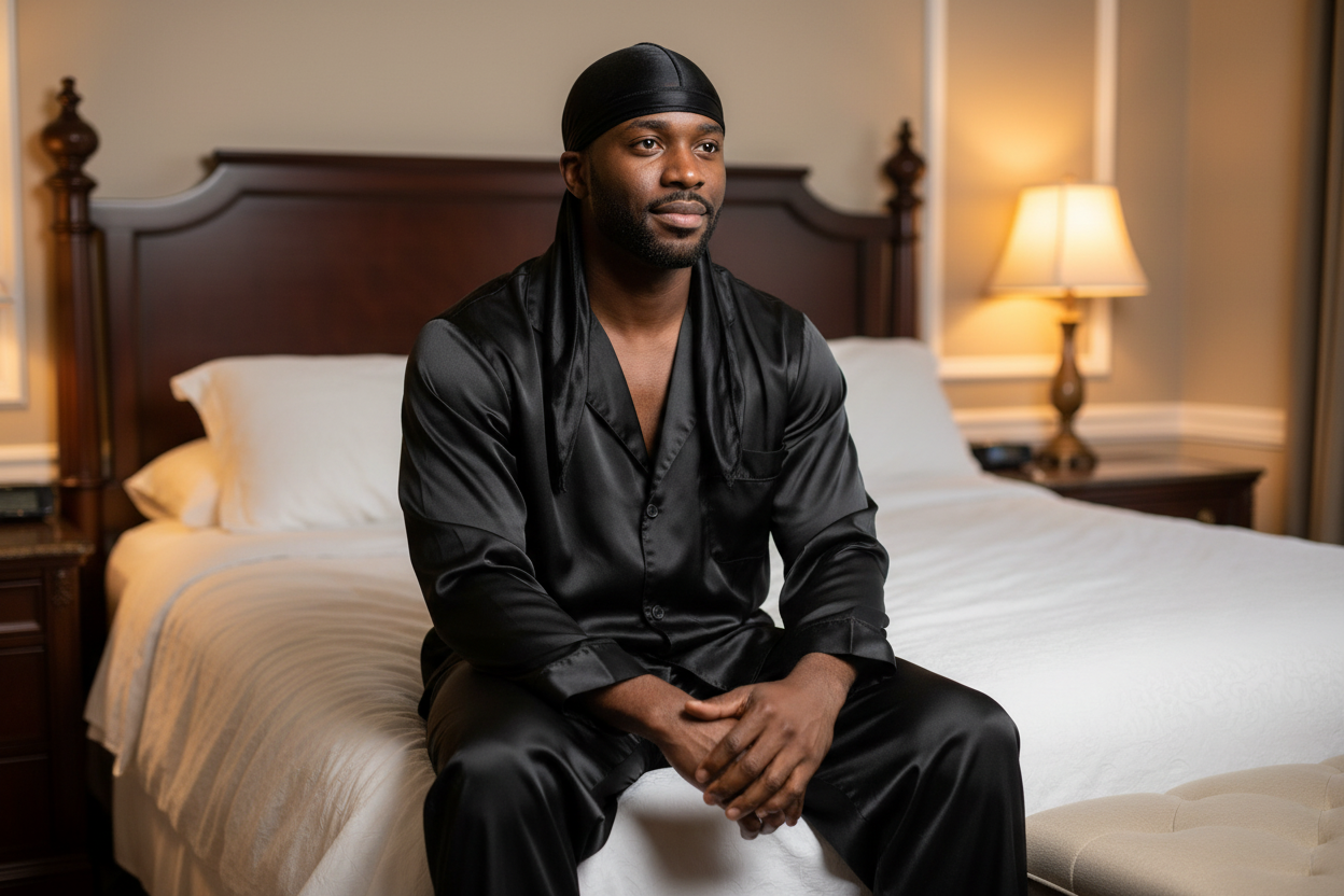 Confident Man in Black Du-Rag and Silk Pajamas