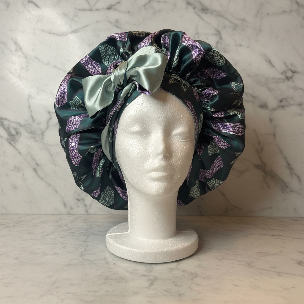 Dark Teal African Print Bonnet Front - Marble Background
