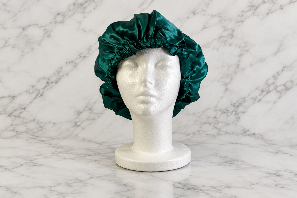Emerald green and black bonnet on white marble