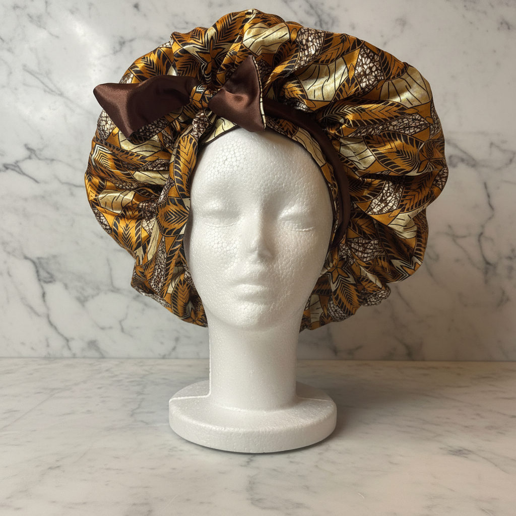 Gold African Print Bonnet Front - Marble Background