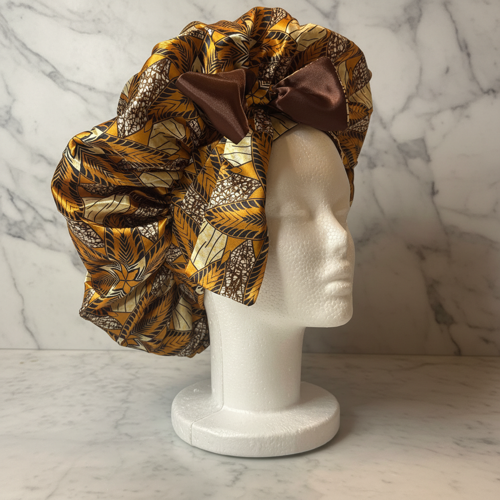 Gold African Print Bonnet Three-Quarter - Marble Background