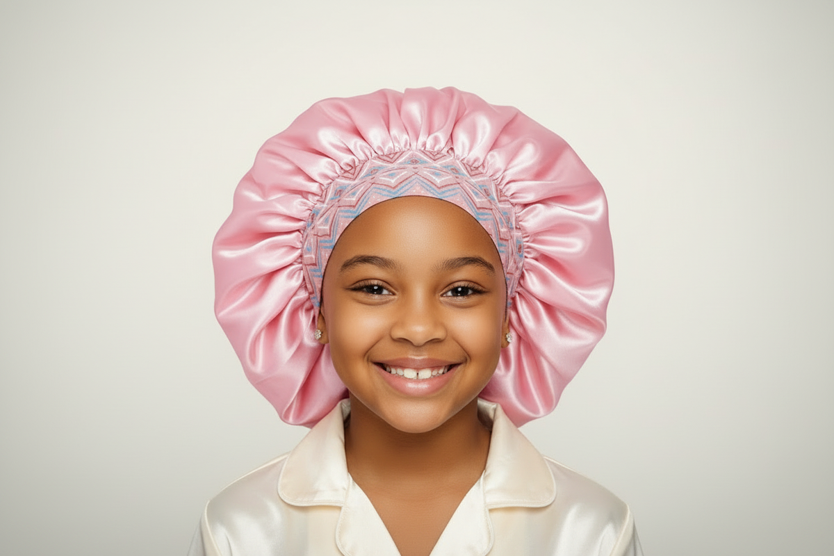 Hero image of a young girl in a pajama top wearing the pink Stephanie I. Sparkle Kids' Wide Band Bonnet