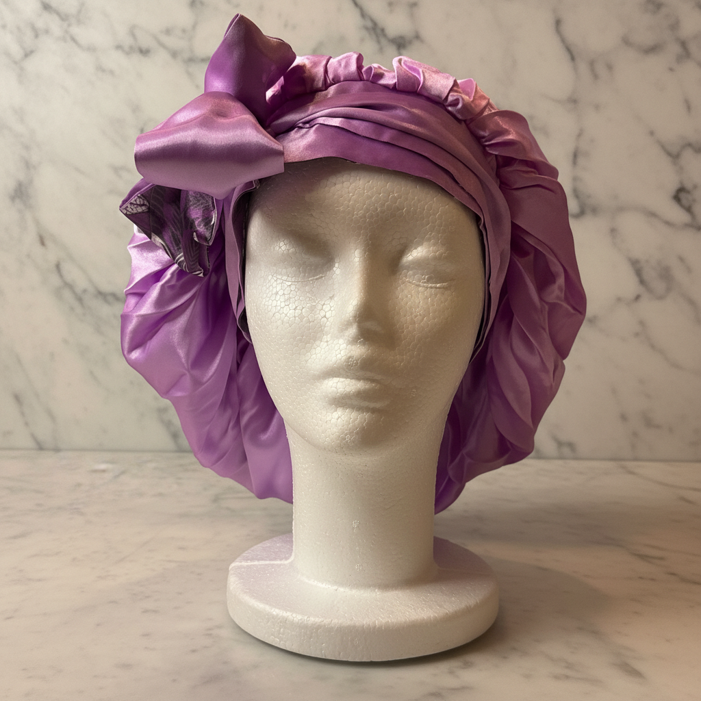 Lavender Satin Bonnet Front - Marble Background