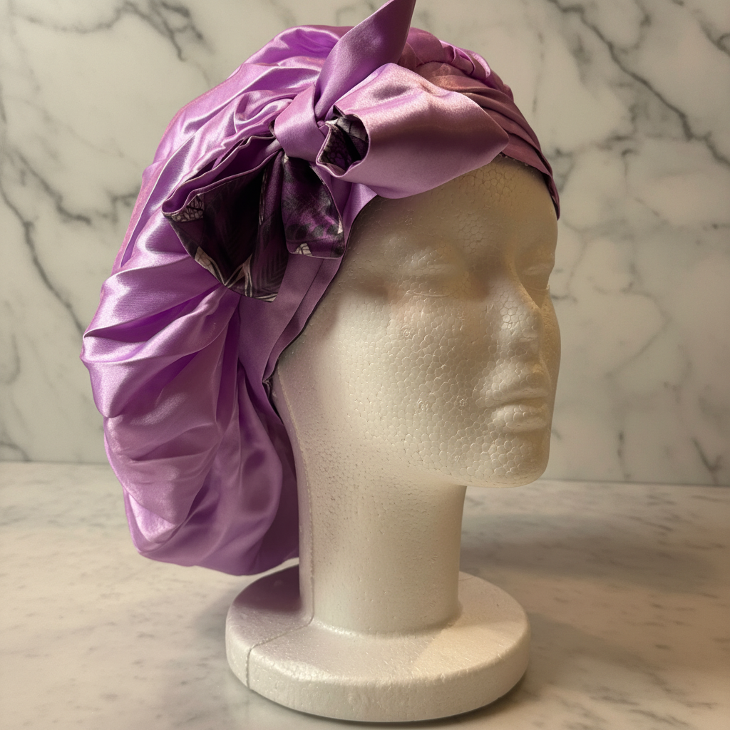 Lavender Satin Bonnet Side - Marble Background