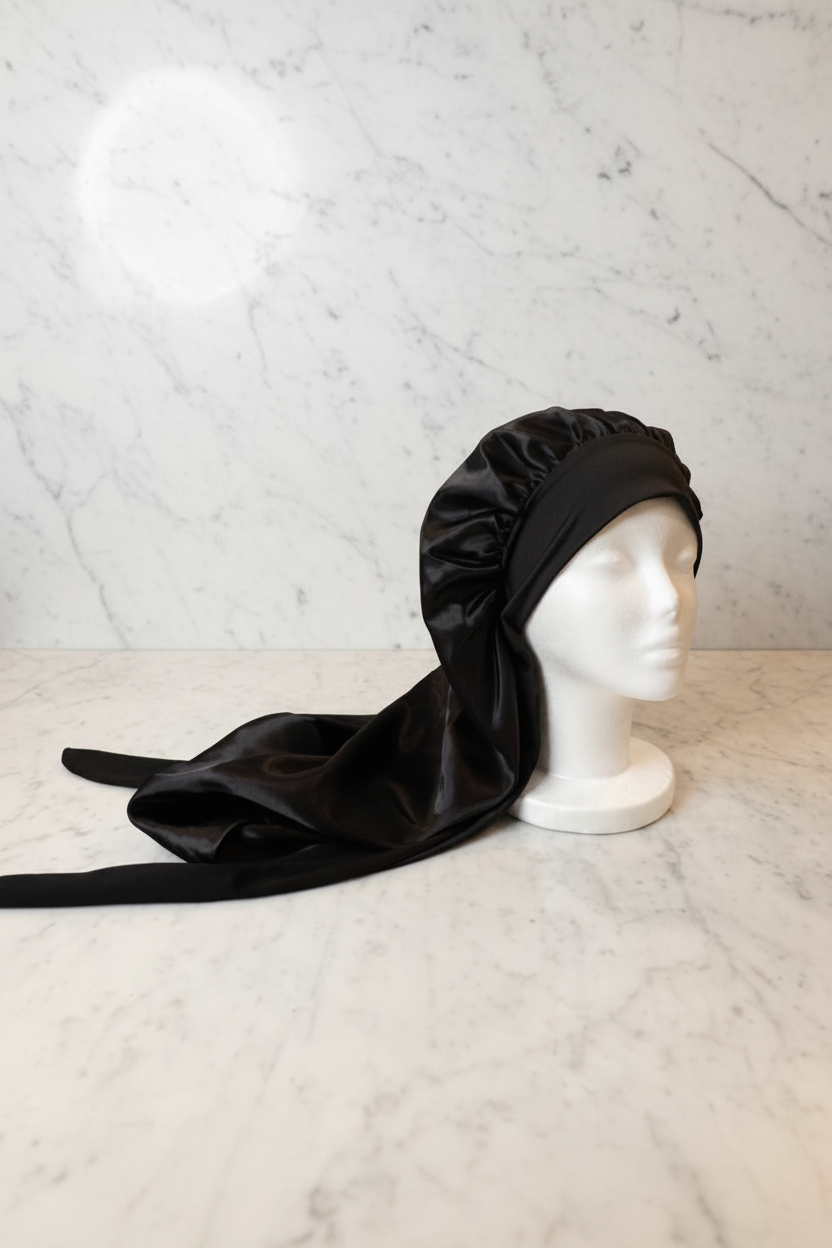 Long Satin Bonnet - Black Marble Hero