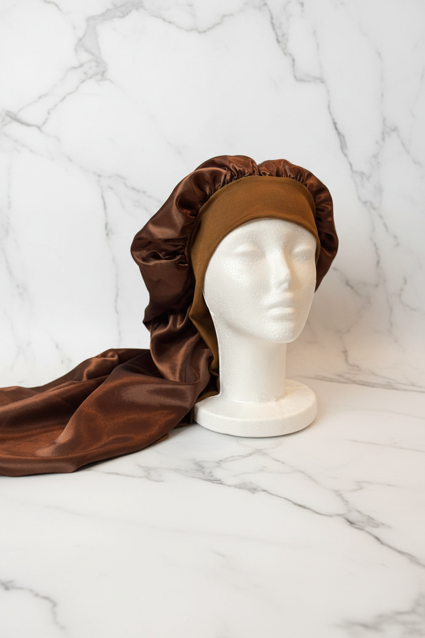 Long Satin Bonnet - Brown Coffee Marble Hero