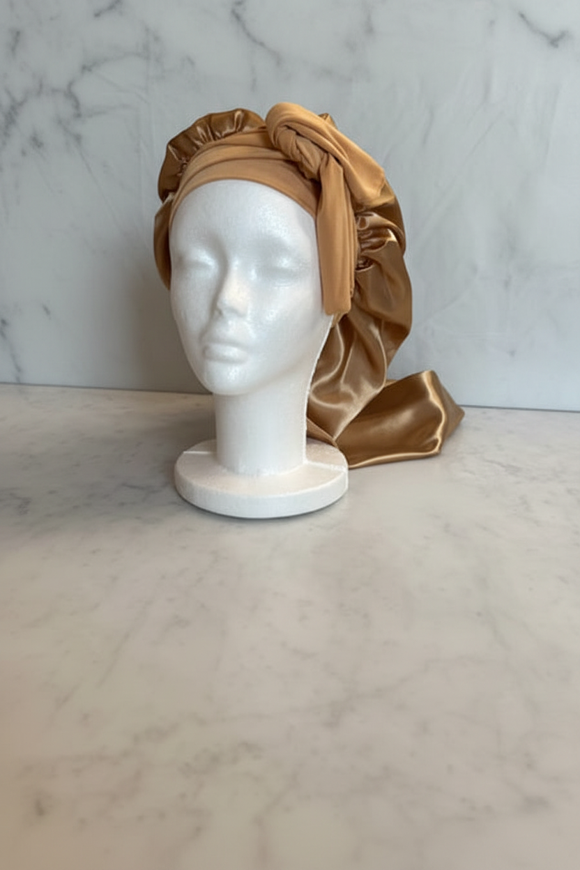 Long Satin Bonnet - Gold Marble Hero Shot