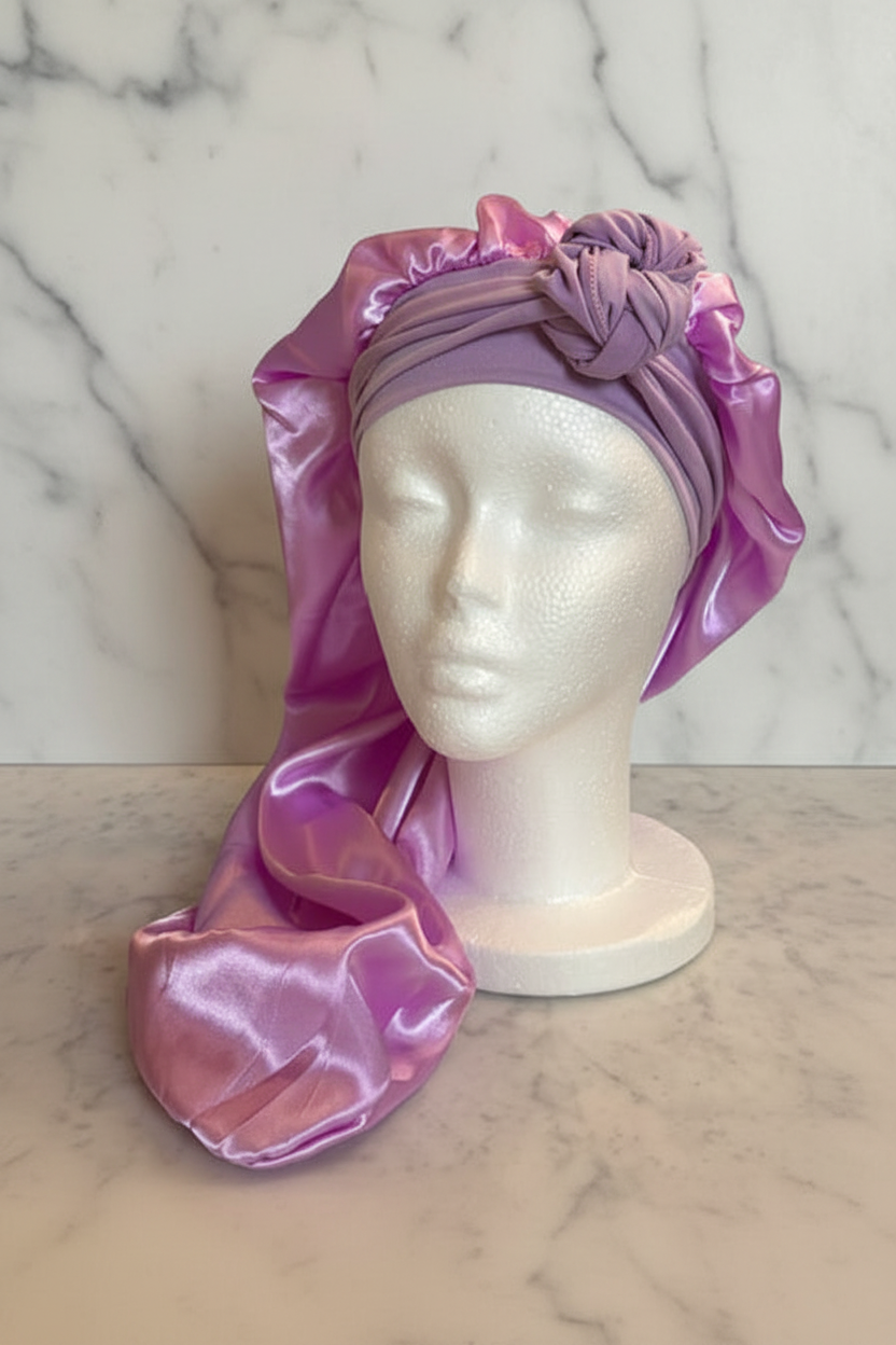 Long Satin Bonnet - Lavender Marble Hero Shot