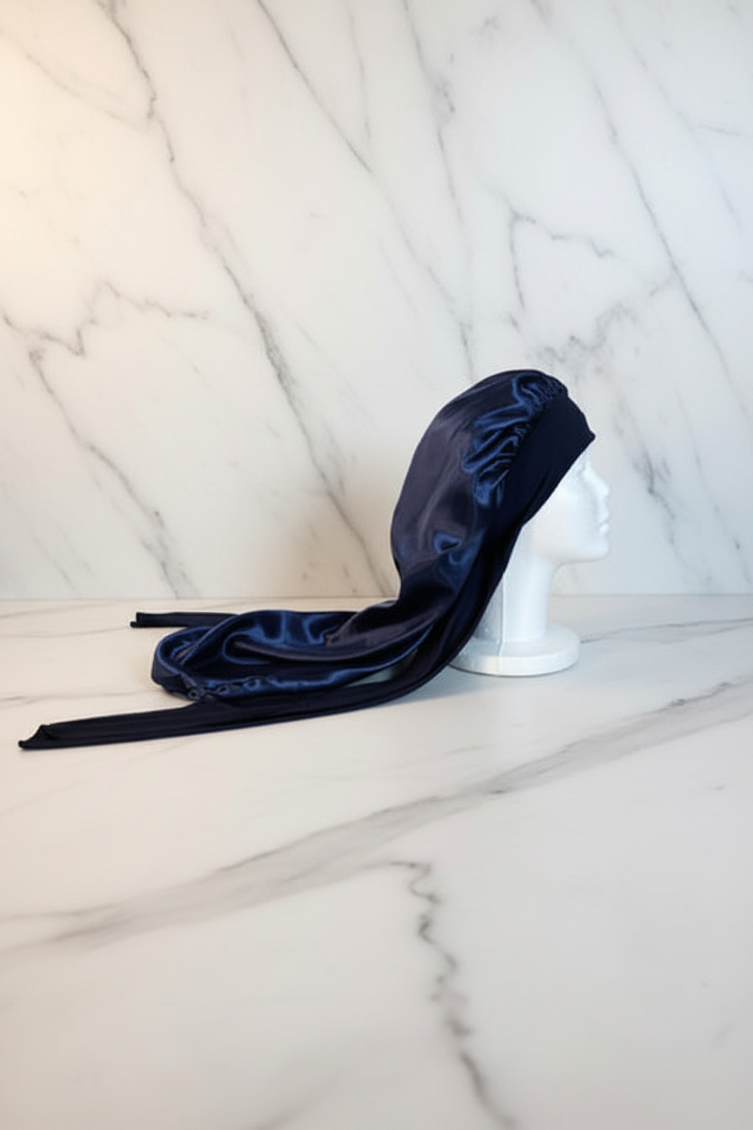 Long Satin Bonnet - Navy Side Profile Marble Hero