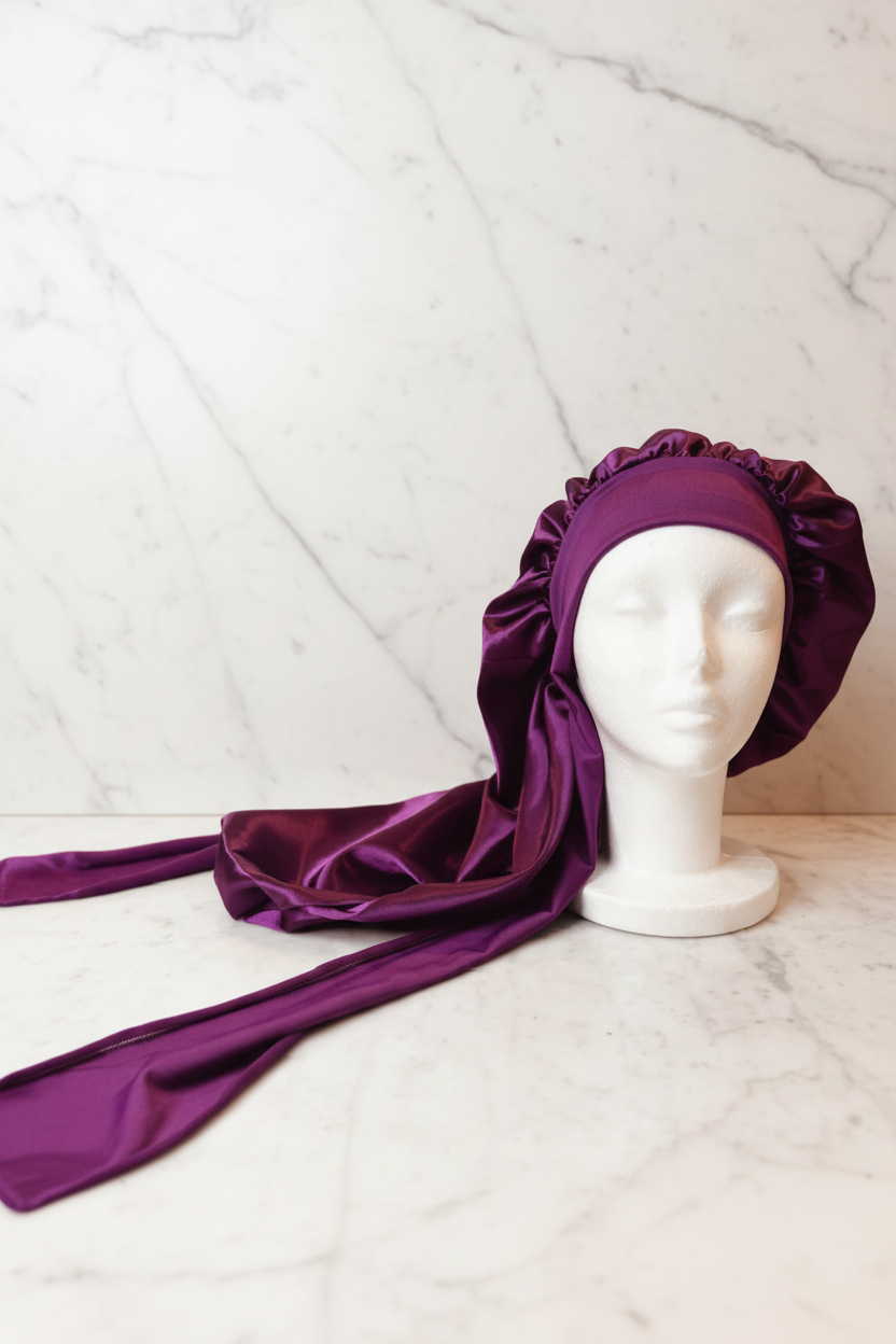Long Satin Bonnet - Purple/Wine Marble Hero