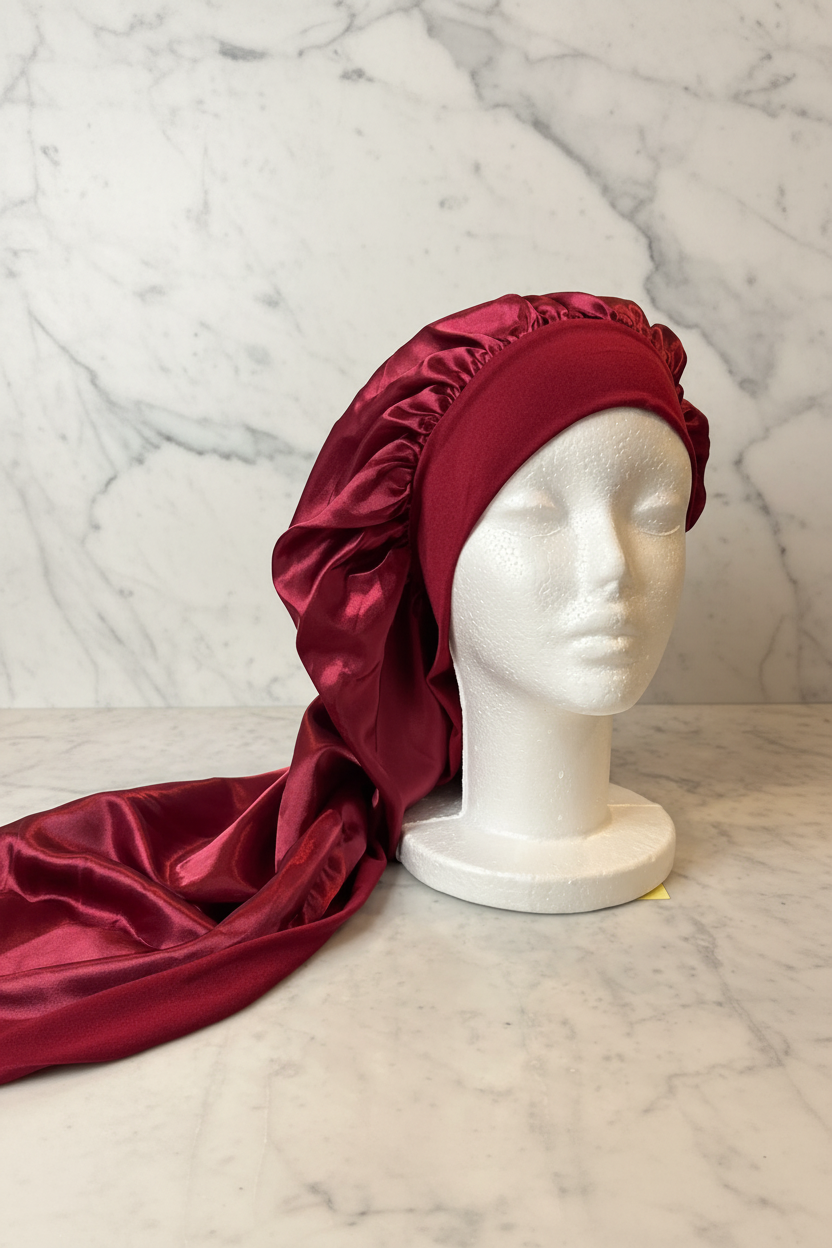 Long Satin Bonnet - Red Wine Marble Hero