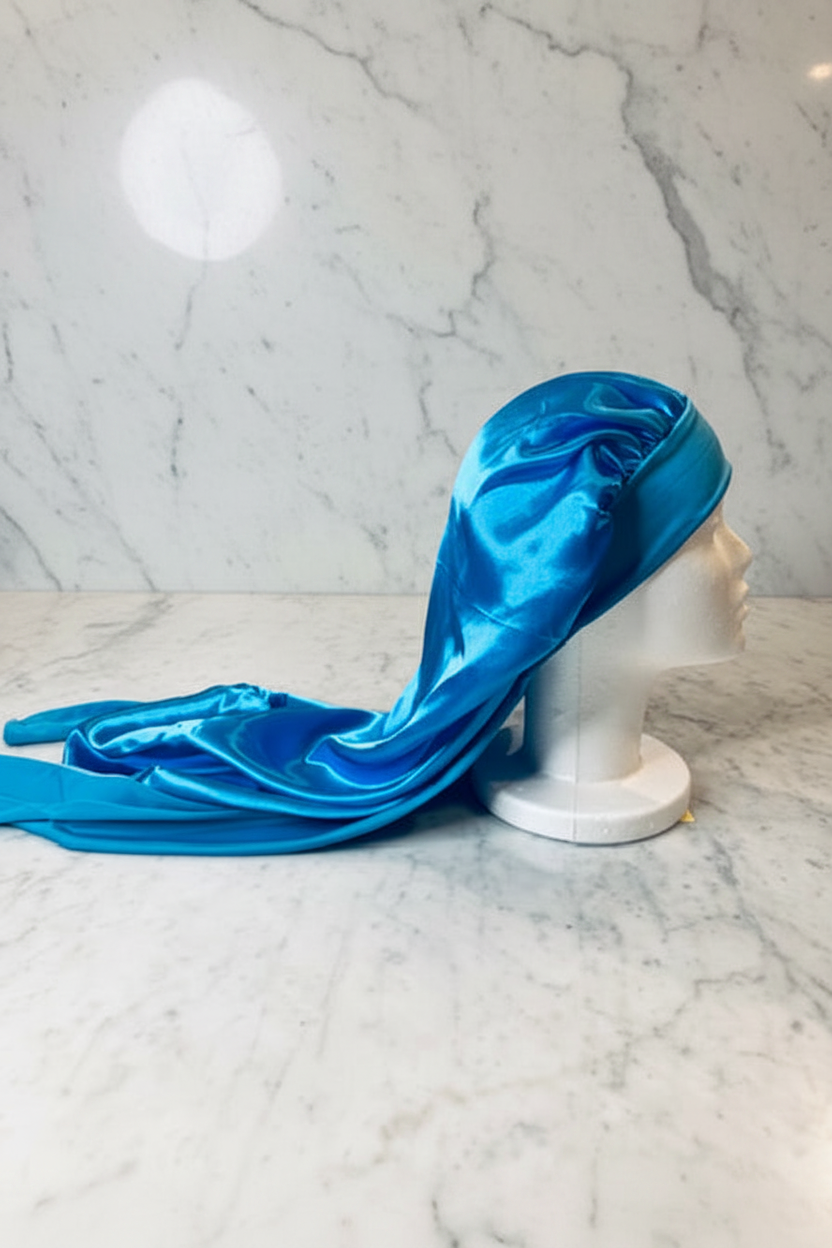 Long Satin Bonnet - Sky Blue Marble Hero