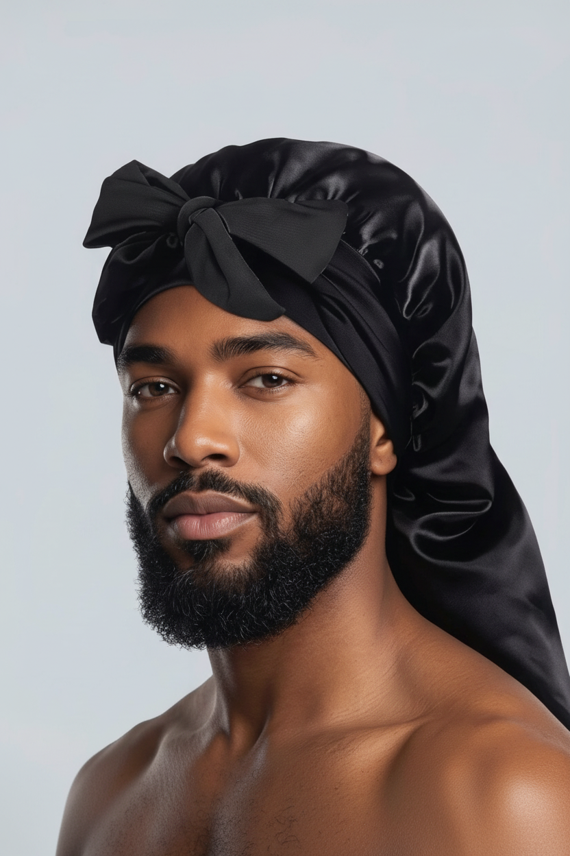Male model in black satin bonnet