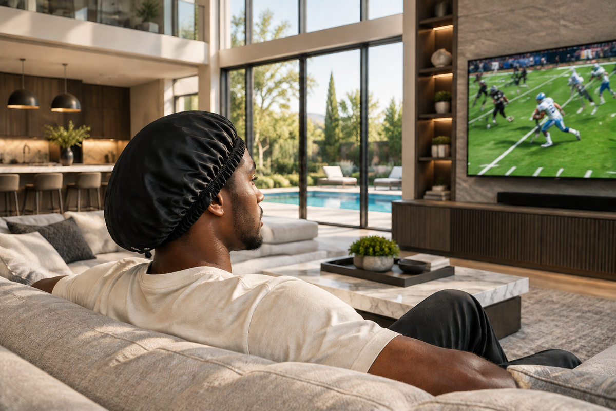 Man watching football wearing a black satin bonnet with the rear elastic adjuster