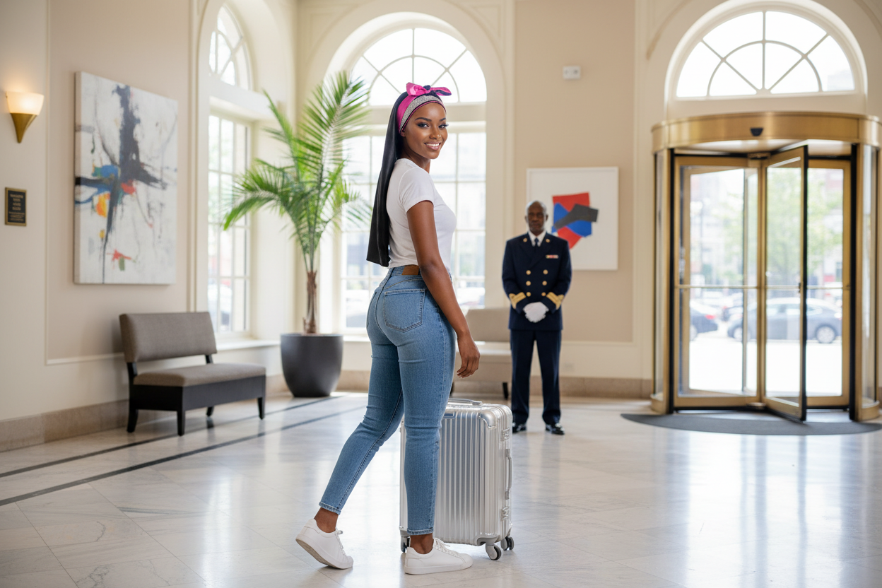 Model wearing bonnet with better product visibility