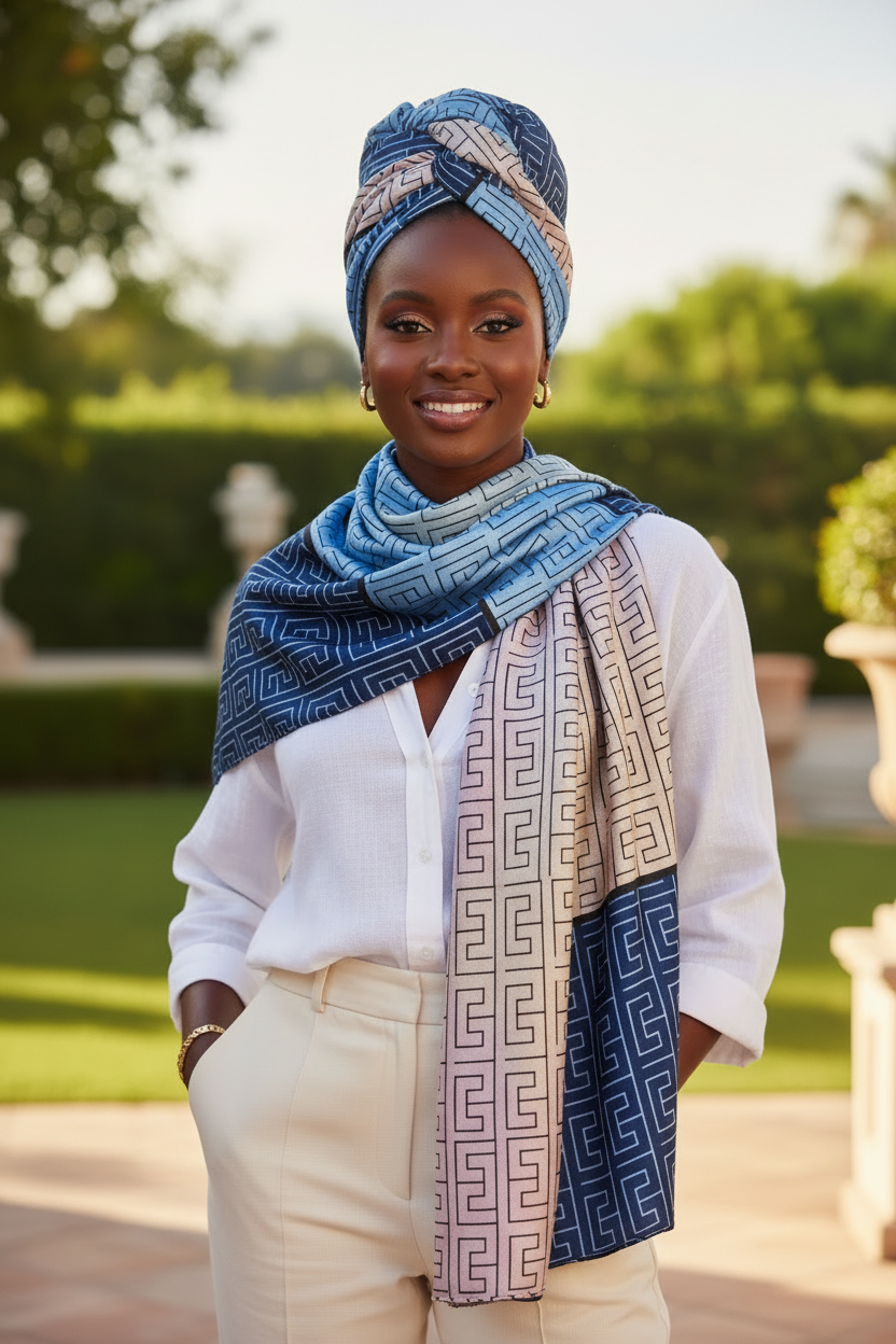 Model wearing geometric scarf as headwrap